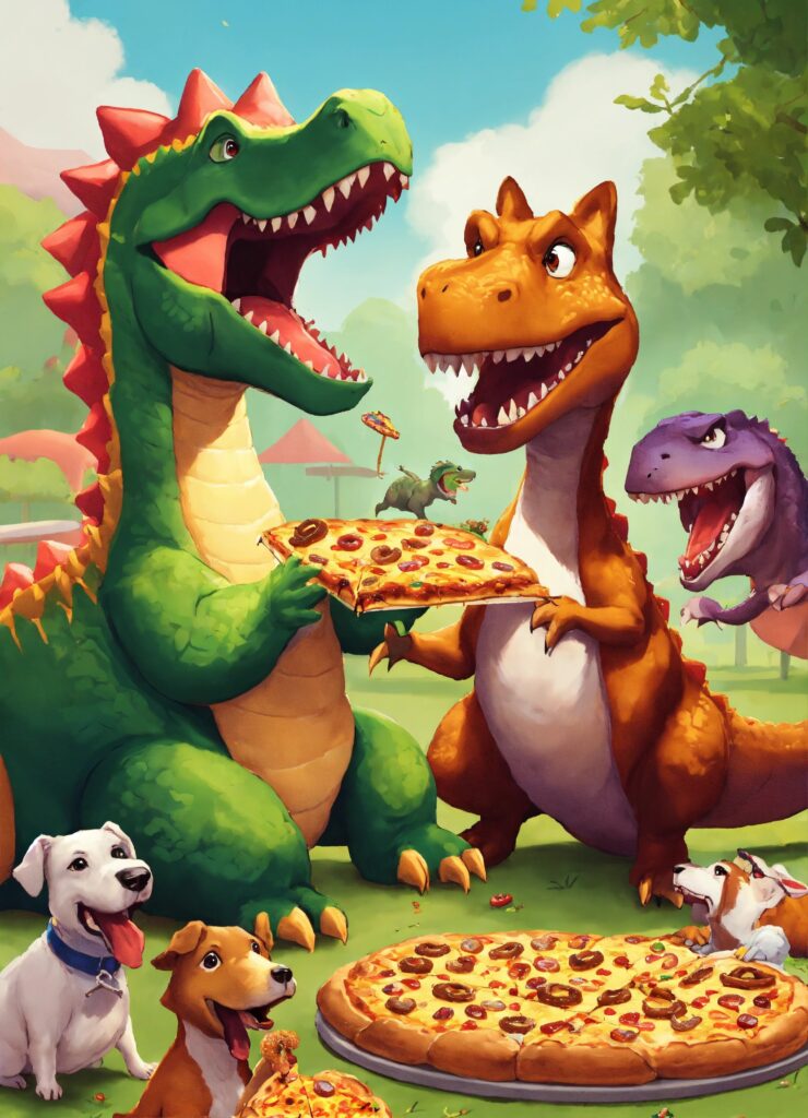 Three dinosaurs eating pizza at a party